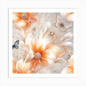 Wallpaper With Orange Flowers And Butterflies Art Print