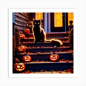 Halloween Cat On The Steps Art Print