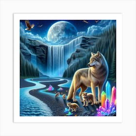 Wolf and Cubs by Crystal Waterfall Under Full Moon and Aurora Borealis 2 Art Print