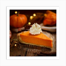 Firefly Pumpkin, Pie, Slice, Whipped, Cream, Close Up, Wooden, Table, Top View, Thanksgiving, Food, (1) Art Print