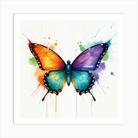 A Colorful Butterfly With Orange, Purple, And Teal Wings Surrounded By Watercolor Splashes Art Print