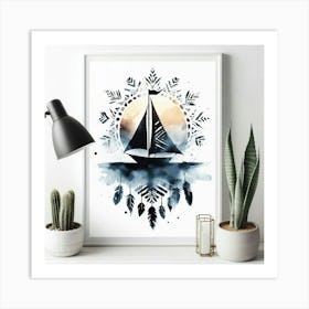 Boho art Silhouette of Sailboat Art Print