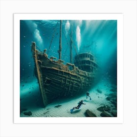 Into The Water Snorkeling In Amsterdam S Crystal Clear Lake, Unveiling A Sunken Shipwreck Style Hyperrealistic Underwater Art (2) Art Print