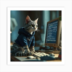 Cat On Computer Art Print