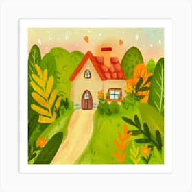 Watercolor House In The Forest Art Print