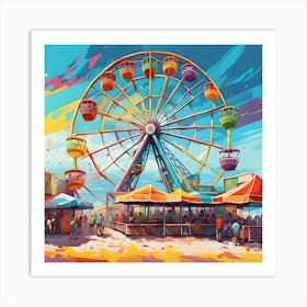 A Colorful Beachside Ferris Wheel Art Print