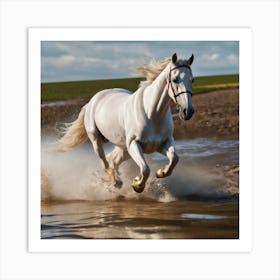 White Horse Running In Water 1 Art Print