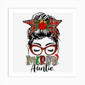 Merry Auntie Messy Bun Hair Plaid Leopard Mom Life Christmas 1 Art Print