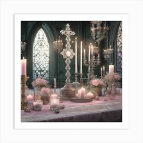 Table With Candles And Flowers Art Print