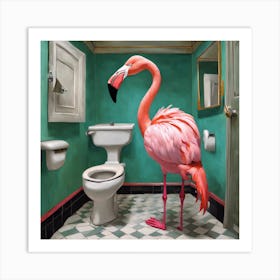 Flamingo In Bathroom 1 Art Print