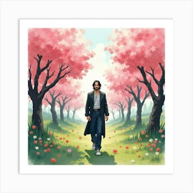 Keanu Reeves In A Tranquil Watercolor Garden With Blooming Cherry Trees Art Print