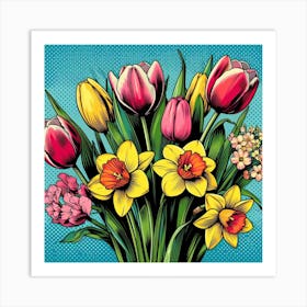 Tulips and Daffodils, pop art Art Print