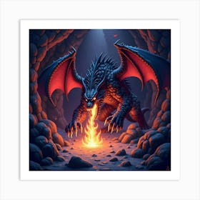 Demon Breathing Dark Fire In A Glowing, Colorful Cave 1 Art Print