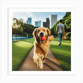 Golden Retriever Dog Playing With Tennis Ball In Park Art Print