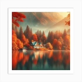 Autumn Lake House 1 Art Print