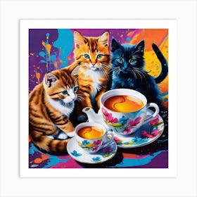 Three Kittens Drinking Tea Art Print