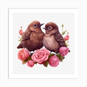 Birds On Roses 1 Art Print