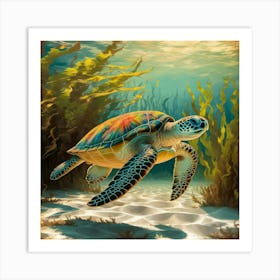 A Rustic Painting Style Of A Graceful Sea Turtle Art Print