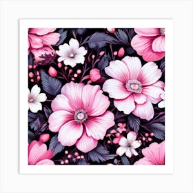 Floral Fantasia A Vibrant Pattern Bursting With Baby Pink White And Dark Pink f lowers Pink Flowers On Black Background Art Print