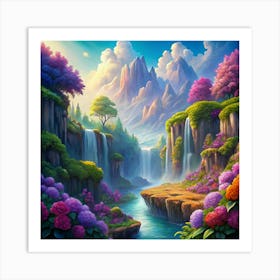 Fantasy Landscape With Waterfall, Mountains, And Flowers Art Print