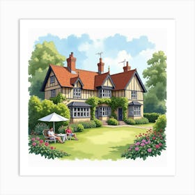 A Picturesque English Country Inn With Guests Relaxing In The Garden, Watercolor 1 Art Print