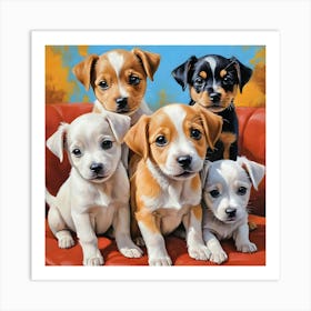 Puppies On A Red Couch Art Print
