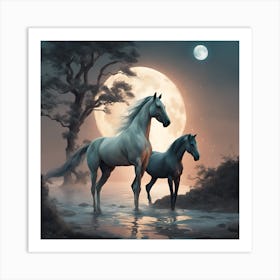 Two Horses In The Moonlight Art Print