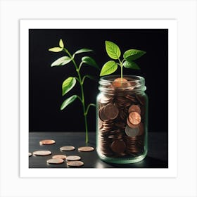 Jar Of Coins With A Plant 1 Art Print