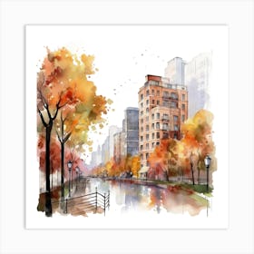 Watercolor Autumn Cityscape 3 Art Print