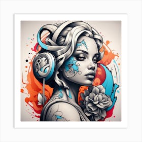 Tattooed Girl With Headphones Art Print