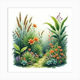 Lush Botanical Garden In Watercolor, With Diverse Plants And Flowers 1 Art Print