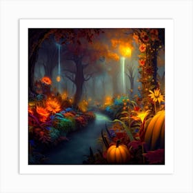 Autumn Forest With Pumpkins Art Print