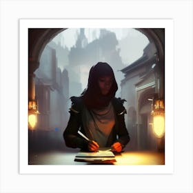 Woman Writing In A Dark Room Art Print
