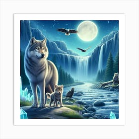 Wolf on the Mushroom Crystal Riverbank with Cubs and Eagles Art Print