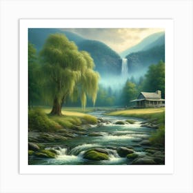 Cabin With Mountain View Waterfall Art Print