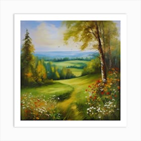 Landscape With Trees And Flowers.Canada's forests. Dirt path. Spring flowers. Forest trees. Artwork. Oil on canvas. 1 Art Print