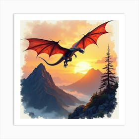 Watercolor Of A Dragon Flying Over The Lonely Mountain At Sunset 1 Art Print