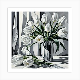 Bunch Of Tulips Monochrome Cubism Art Print