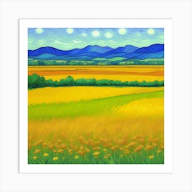 Yellow Fields Rustic Charm A Farmhouse in the Hills Art Print