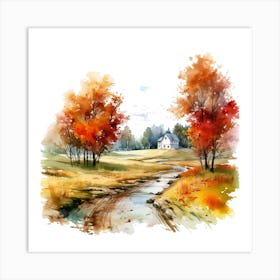 Watercolor Autumn Landscape Painting 1 Art Print