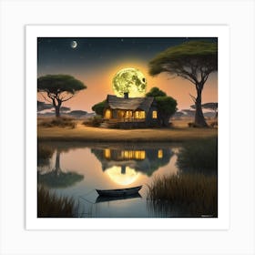 African Serenity Matte Painting of a Cottage in the Savannah 5 Art Print