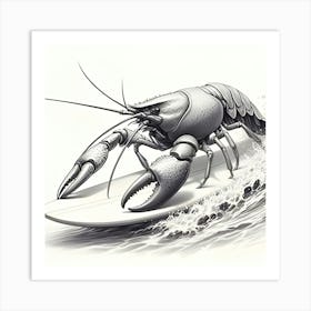 A Pencil Sketch Of A Crayfish On A Surf Board Surfing 1 Art Print