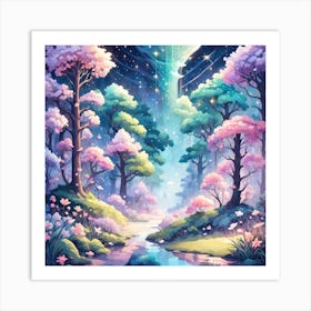 A Fantasy Forest With Twinkling Stars In Pastel Tone Square Composition 364 Art Print