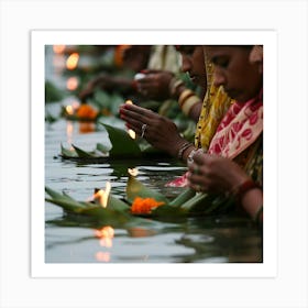 Women Lighting Candles In The Water Art Print