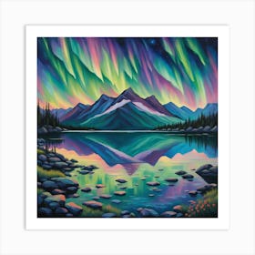 Aurora’s Mirror: A Mystical Mountain Landscape. Art Print