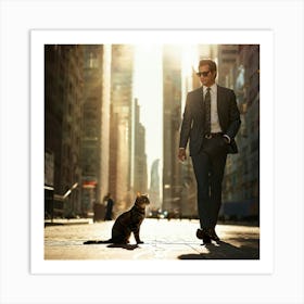 Businessman Wearing Sunglasses Accompanied By A Cat Playing At His Feet Downtown Skyscrapers Loomin (4) Art Print