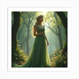 Elven Queen With A Crown Of Flowers And A Flowing Gown In A Magical Forest 1 Art Print