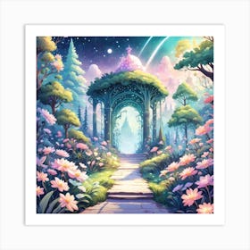 A Fantasy Forest With Twinkling Stars In Pastel Tone Square Composition 17 Art Print