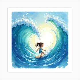 Little Girl Surfing A Wave Art Print