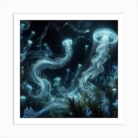 Jellyfish: Whispers of the Deep: Bioluminescent Dreams in Watery Depths Art Print